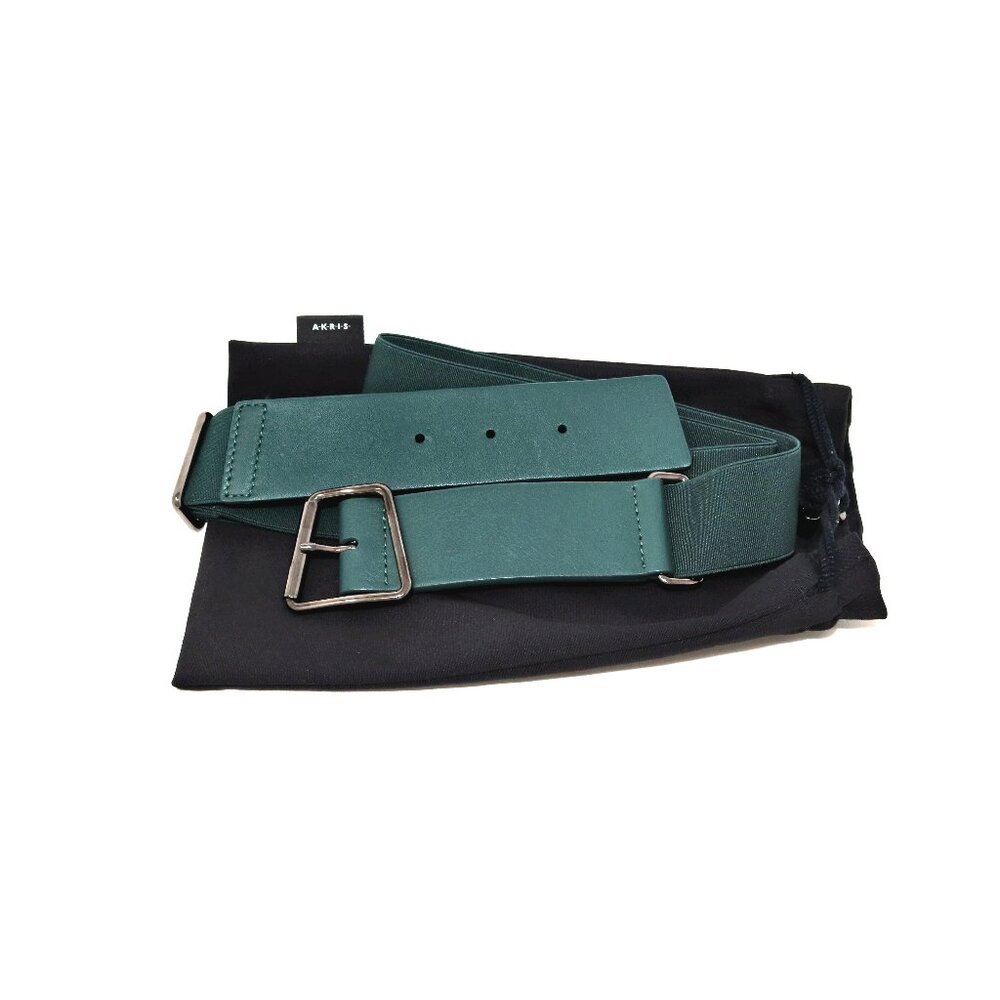 Akris Size 85 Green Leather and Elastic Belt with Trapezoid Buckle Sporty-Belt - Picture 1 of 15